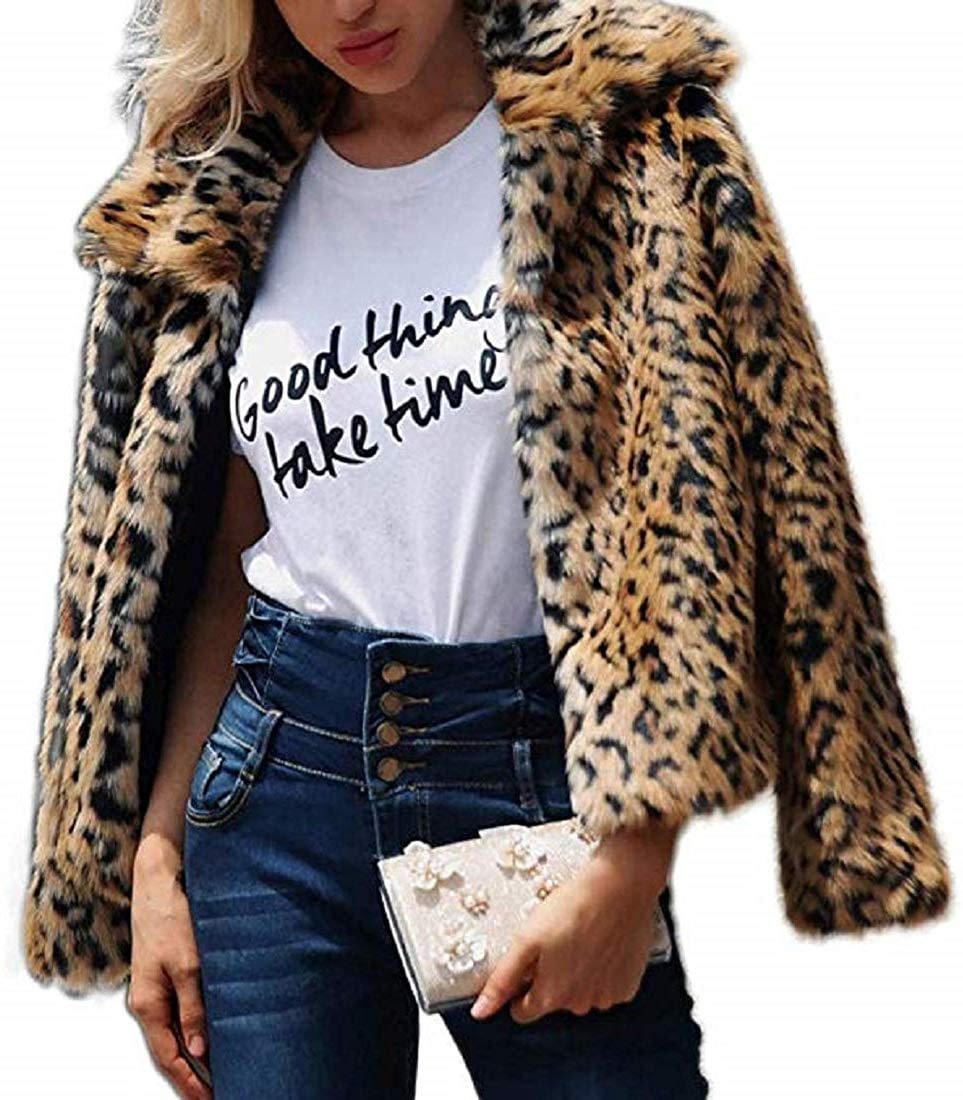 Womens Leopard Faux Fur Coat Vintage Warm Long Sleeve Parka Jacket Outwear