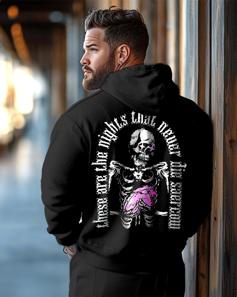 Purple Heart Skull Printed Long Sleeve Hoodie Men's Plus Size