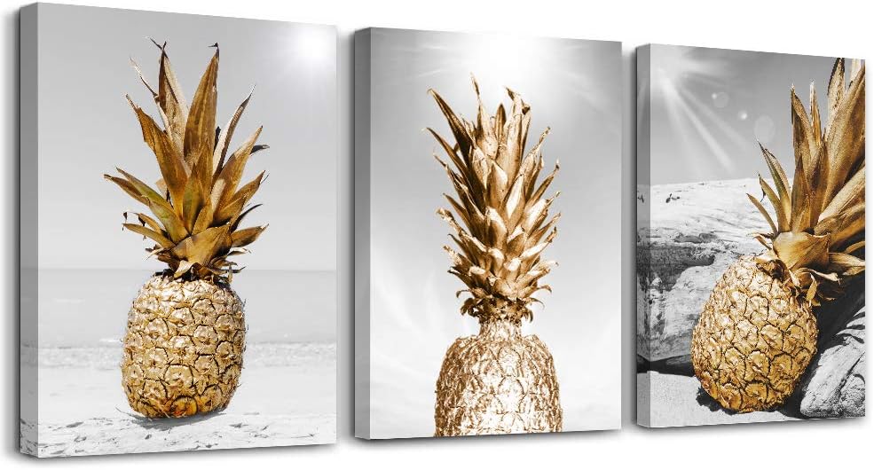 Canvas Wall Art For Bar Kitchen Living Room Office Bathroom Home Decoration Board Black And White Beach Scenery Golden Pineapple Pictures Artwork Restaurant Wall Decor Ready To Hang 20x28inch 3 Piece 20x28inches*3pcs