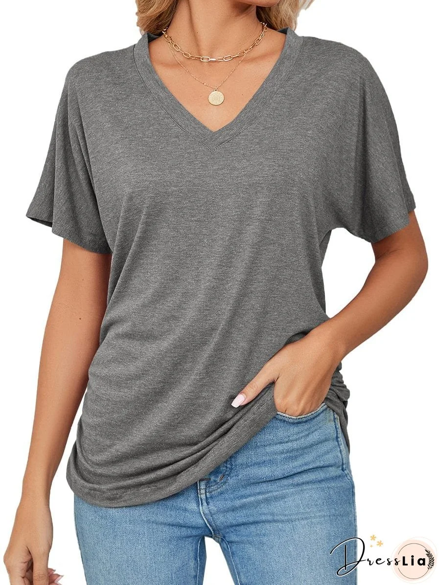 Casual V Neck Short Sleeve Solid Color Basic T-Shirt