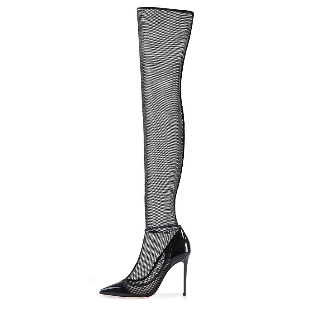 Women's Black Plus Size Fashion Sexy Lace Mesh Boots  Over the Knee Stiletto Heel High Boots Novameme