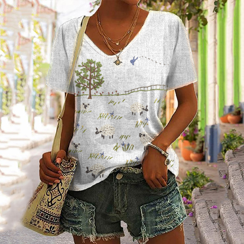 Women'S Sheep Farm Landscape Embroidery Cozy Print T-Shirt wearshes