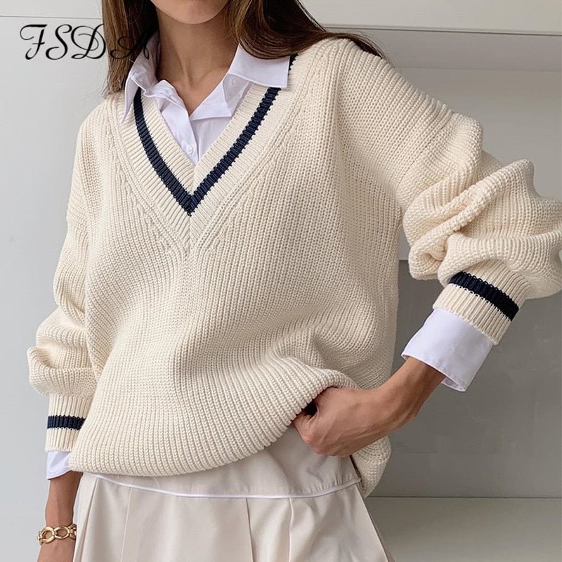 FSDA V Neck Loose Women Sweater Autumn Winter White Long Seelve Jumper Patchwork Oversized Pullover Knitted Casual Sweaters