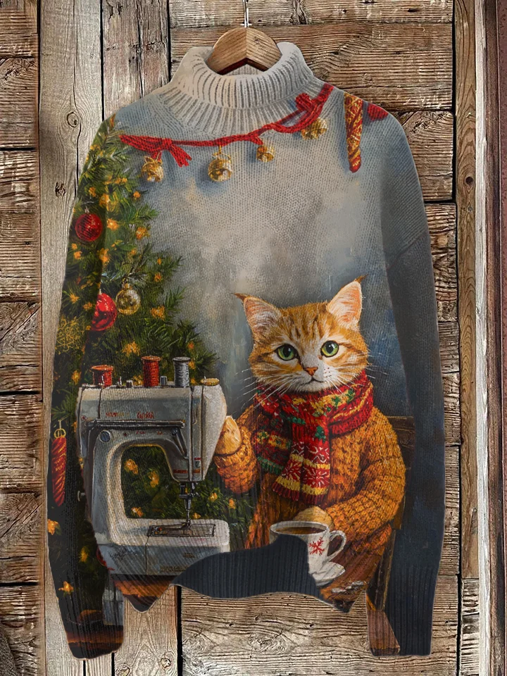 Women's Christmas Fun Cat Sewing Machine Print High Neck Knit Sweatshirt
