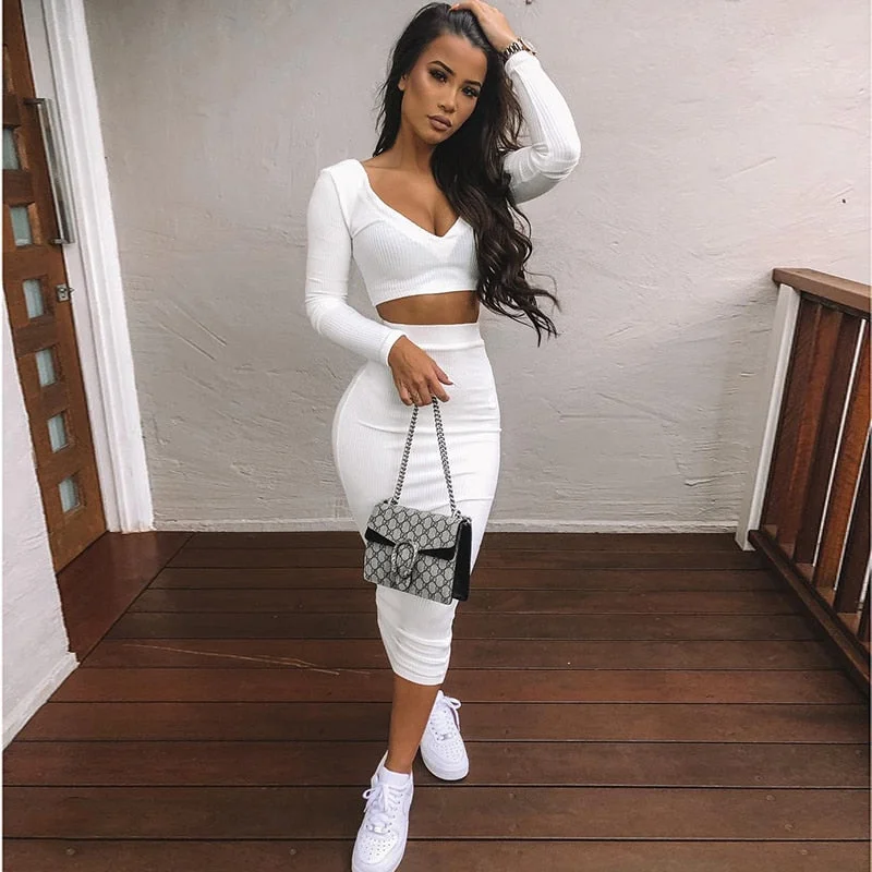 NewAsia Sexy Two Piece Set V-neck Long Sleeve Crop Top Long Skirt Set Party Clothing Sets Outfit Women Two Piece Outfits 2020