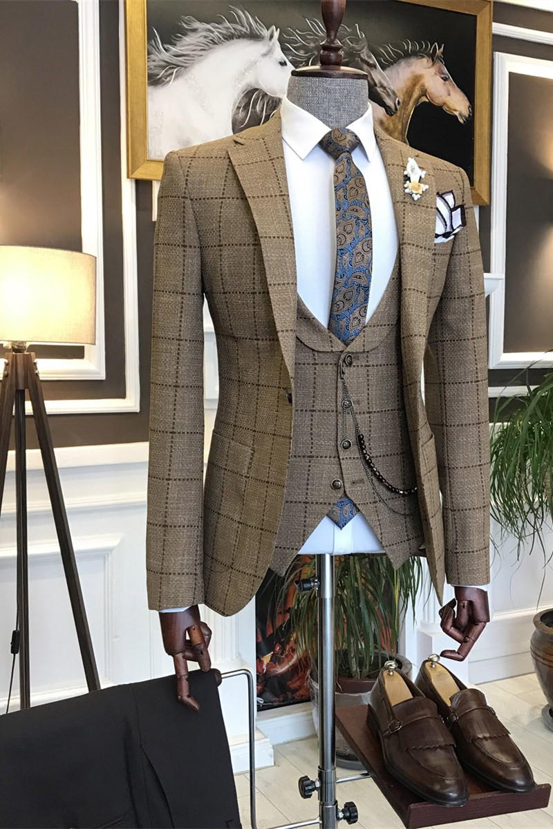 Fashion Peaked Lapel Brown Plaid Three Pieces Business Men Suits | Risias
