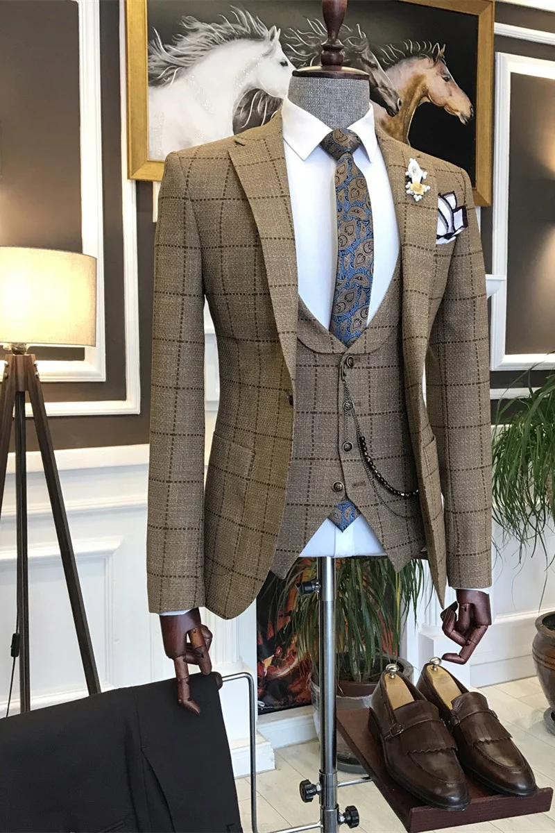 Archibald Hot Sale Brown Plaid Peaked Lapel Three Pieces Busibess Men Suits