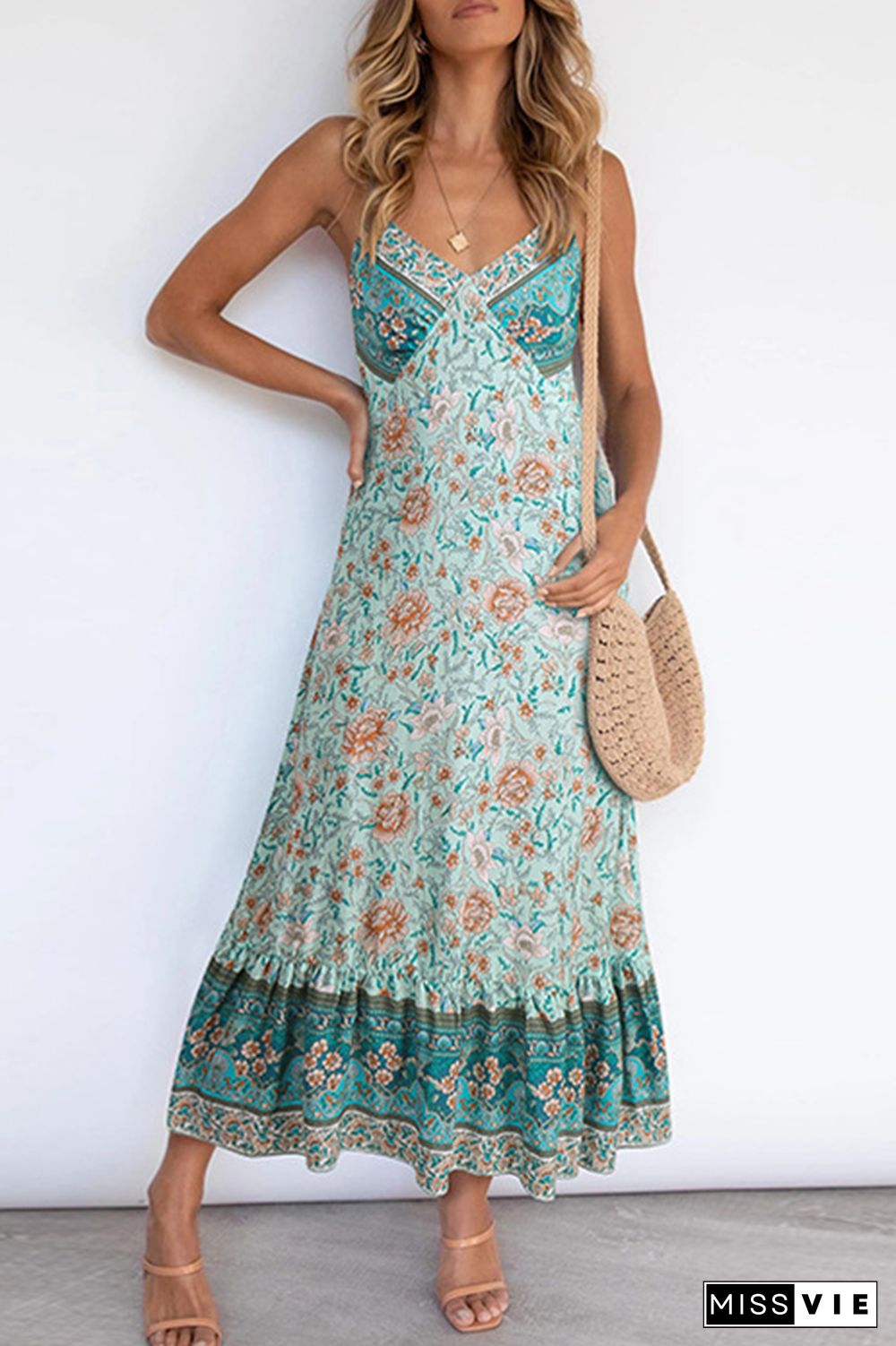 Bohemian Floral Flounce V Neck A Line Dresses