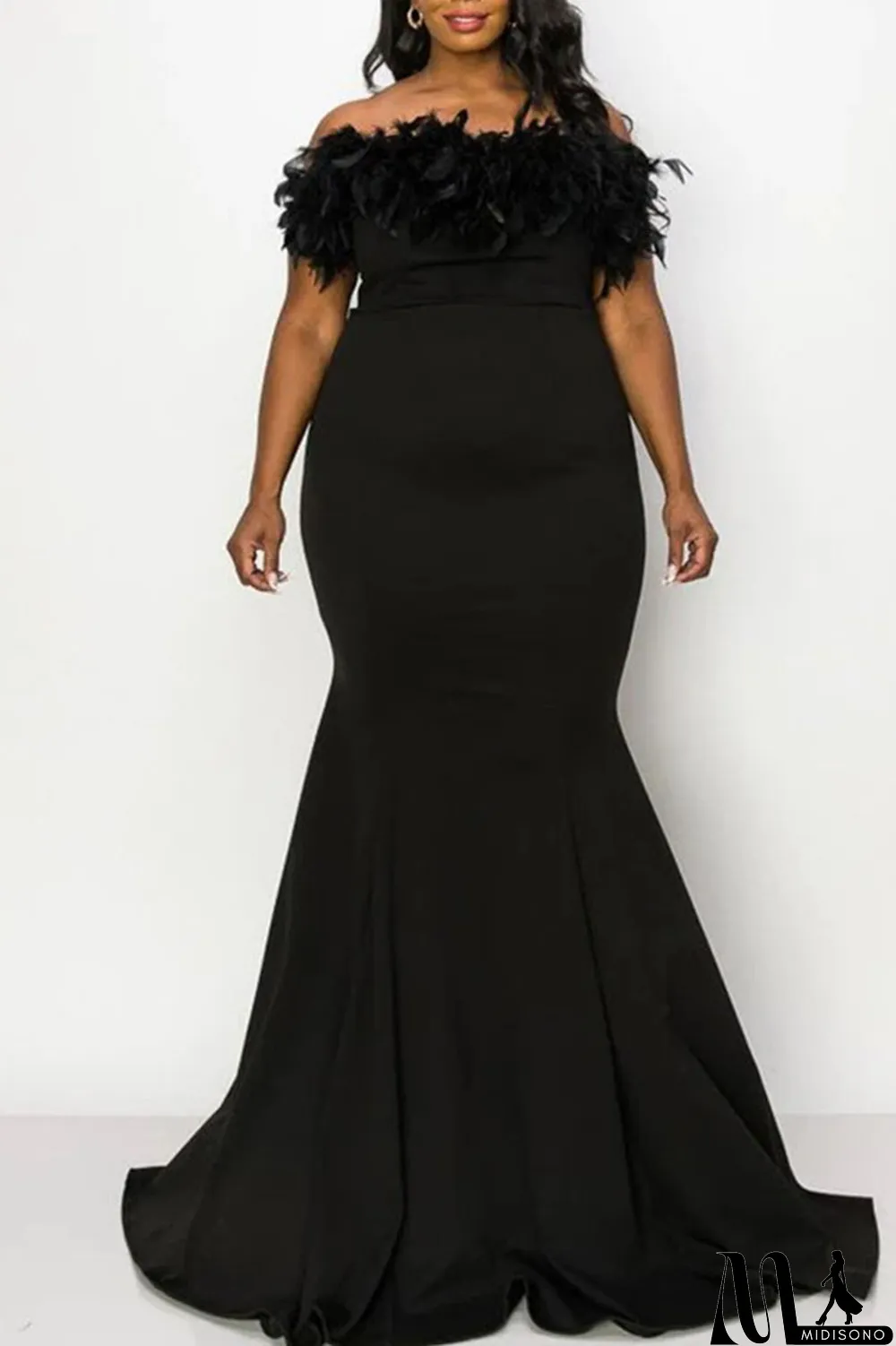 MidiSono - Green Sexy Solid Patchwork Feathers Strapless Evening Dress Plus Size Dresses