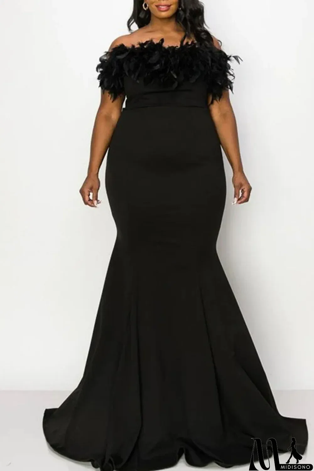 MidiSono - Green Sexy Solid Patchwork Feathers Strapless Evening Dress Plus Size Dresses