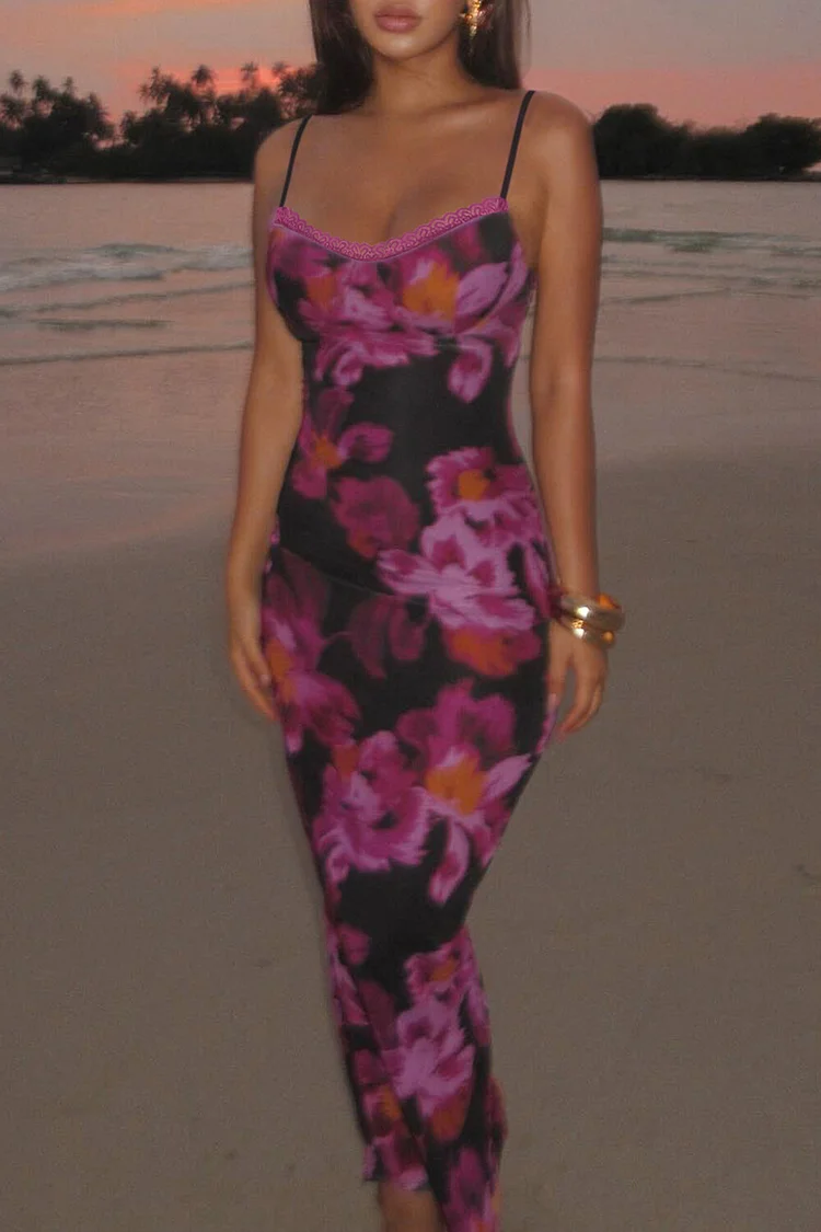 Floral Print Lace Trim Slim Fit Strappy Maxi Dresses-Black