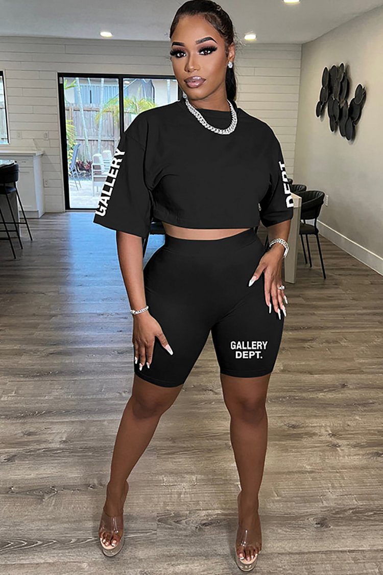 Short Sleeve Casual Crop Top Letter Print Sporty Shorts Matching Set