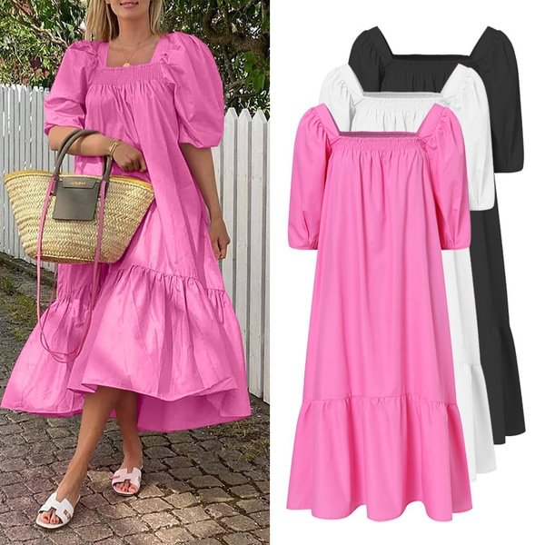 Women Square Neck Gigot Sleeve Sundress Gown Fishtail Plus Size Maxi Dress - Life is Beautiful for You - SheChoic