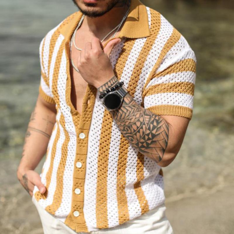 Men's Casual Striped Loose Hollow Short-Sleeved Knitted Polo Shirt 02231229M