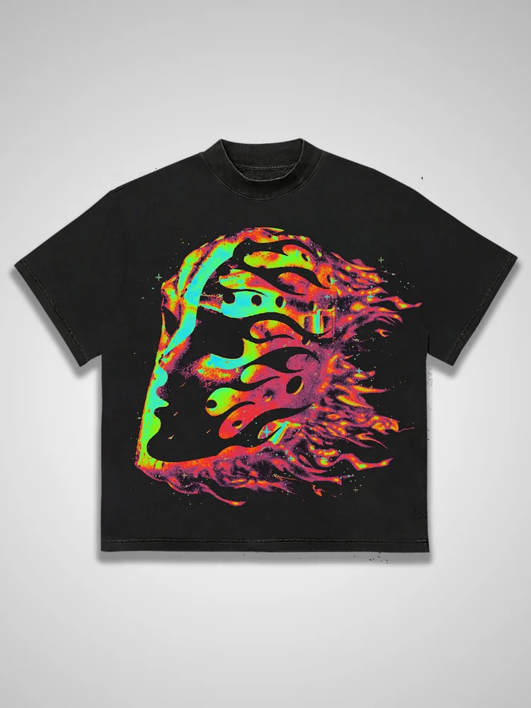 Hellstar Flame Jesus Silhouette Retro Pattern Cotton T-shirt