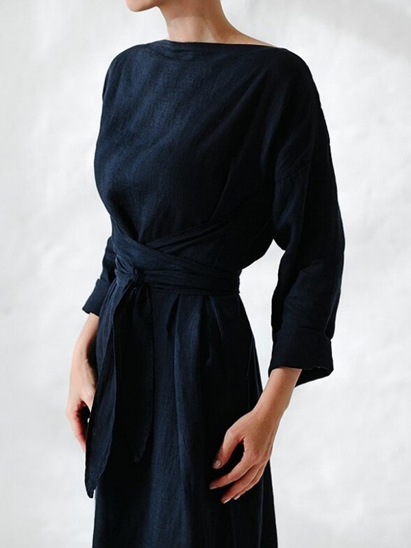 Cotton And Linen Long-sleeved One-neck Tie Dress hjn Shicloths