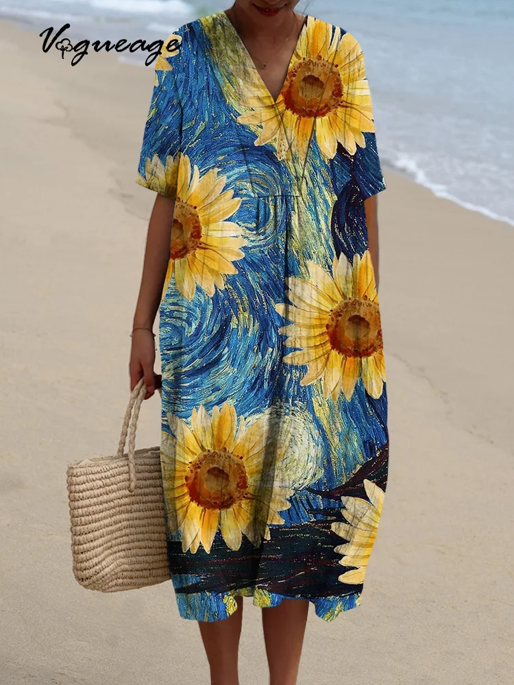 Fantasy Starry Sky And Sunflowers Printed Women's Casual Cotton And Linen Dress