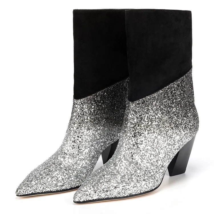 Silver Ombre Glitter and Black Mid Calf Fashion Boots |FSJ Shoes