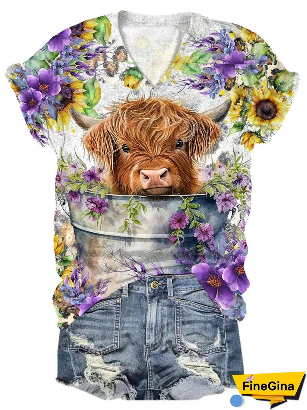 Women's Floral Highland Cow V-Neck Print Top