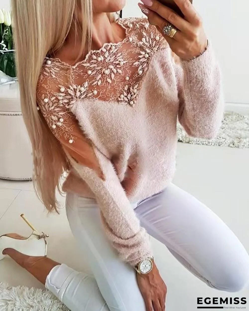 Floral Pattern Sheer Mesh Long Sleeve Knit Sweater | EGEMISS