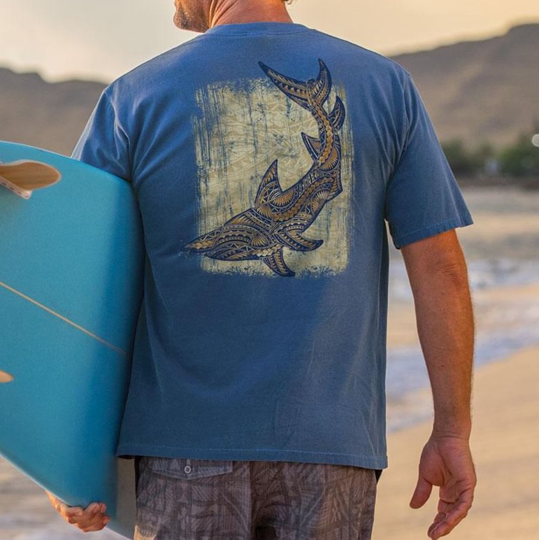 Short-Sleeve Tribal Deco Shark Blueberry Crewneck T-shirt-barclient