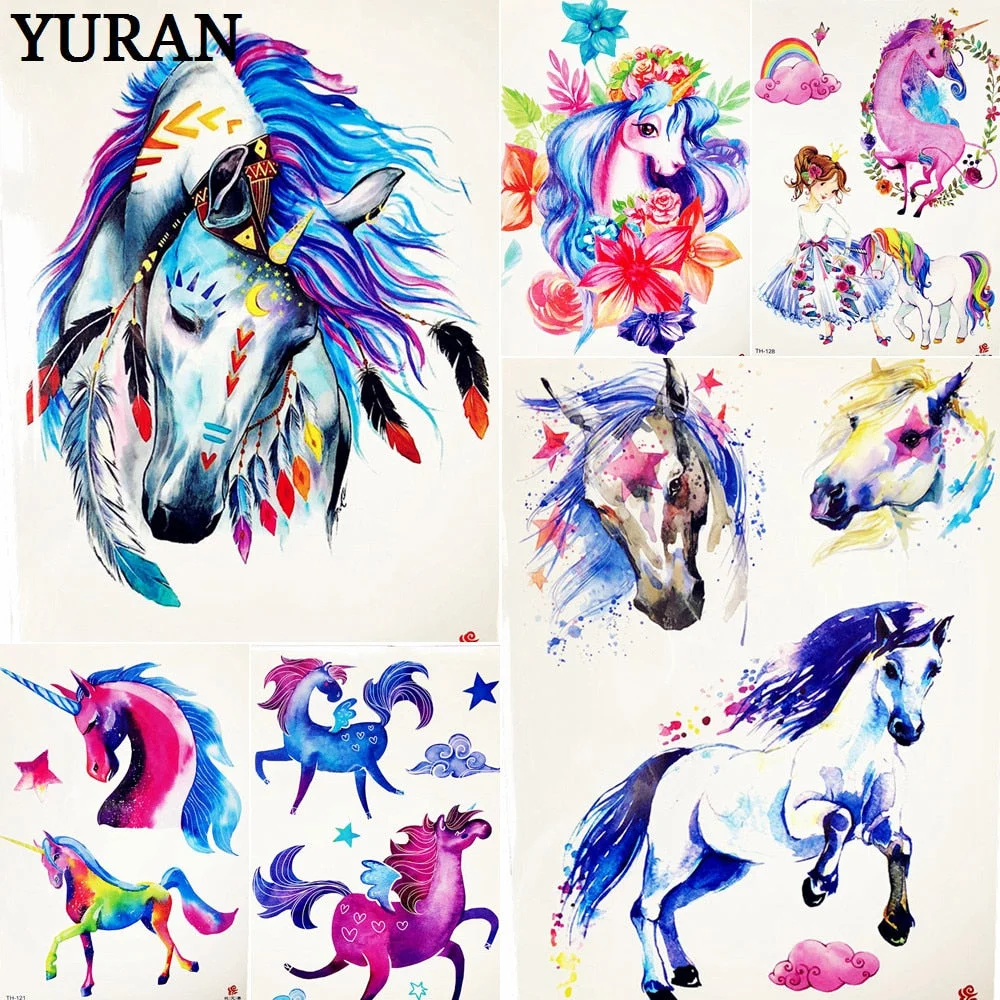 Cartoon Blue Unicorn Fairy Tales Temporary Tattoo For Children Kids Waterproof Flash Tattoo Sticker Girl Baby Body Art Horse