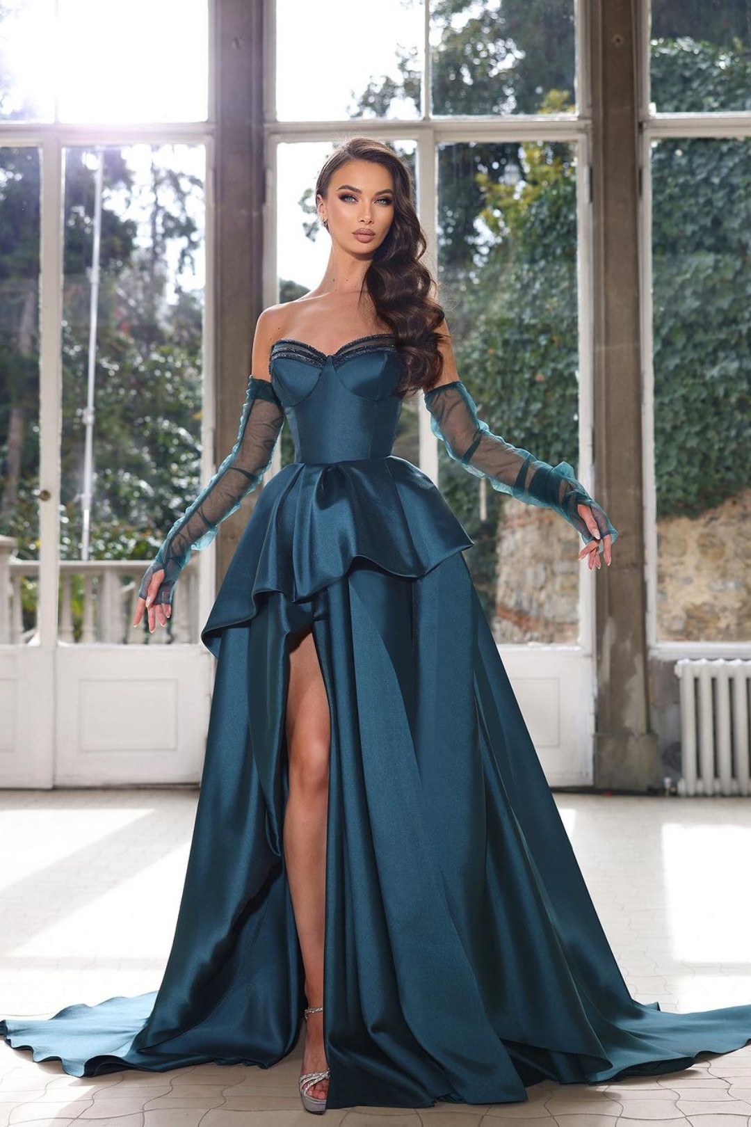 Glamorous Half Sleeves Ink Blue Prom Dress Strapless With High Slit Gown YL0287