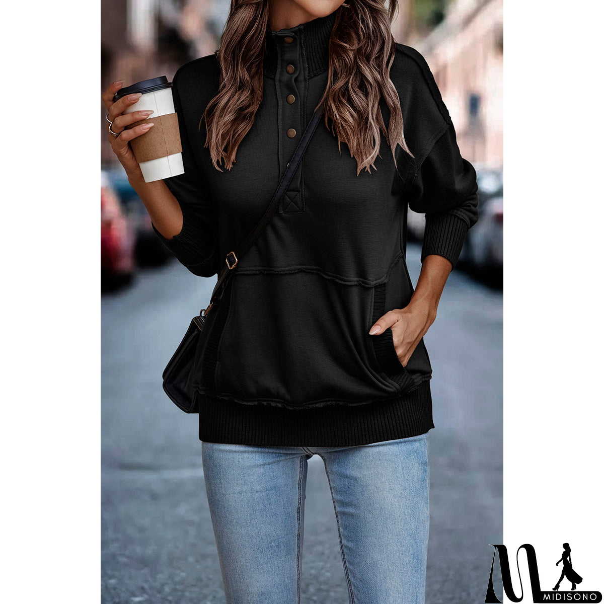 MidiSono - Chic Collared Block Button-Up Sweater