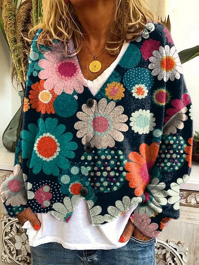 Stylish Art Floral Print Plush Cardigan