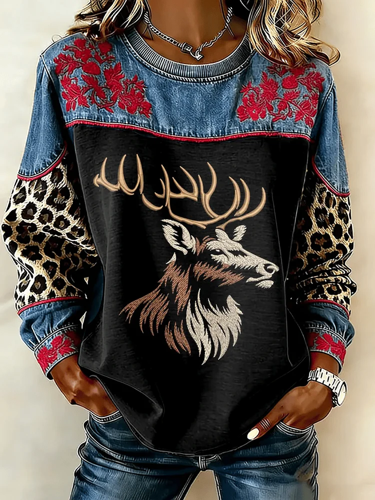 Women's Western Print Crew Neck Sweatshirt 