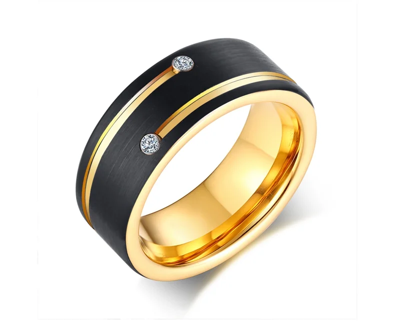 Women's Or Men's 8mm Black Tungsten Carbide Wedding Band Rings Gold Plated Grooved Line Cubic Zircon Inlay Rings With Mens And Womens