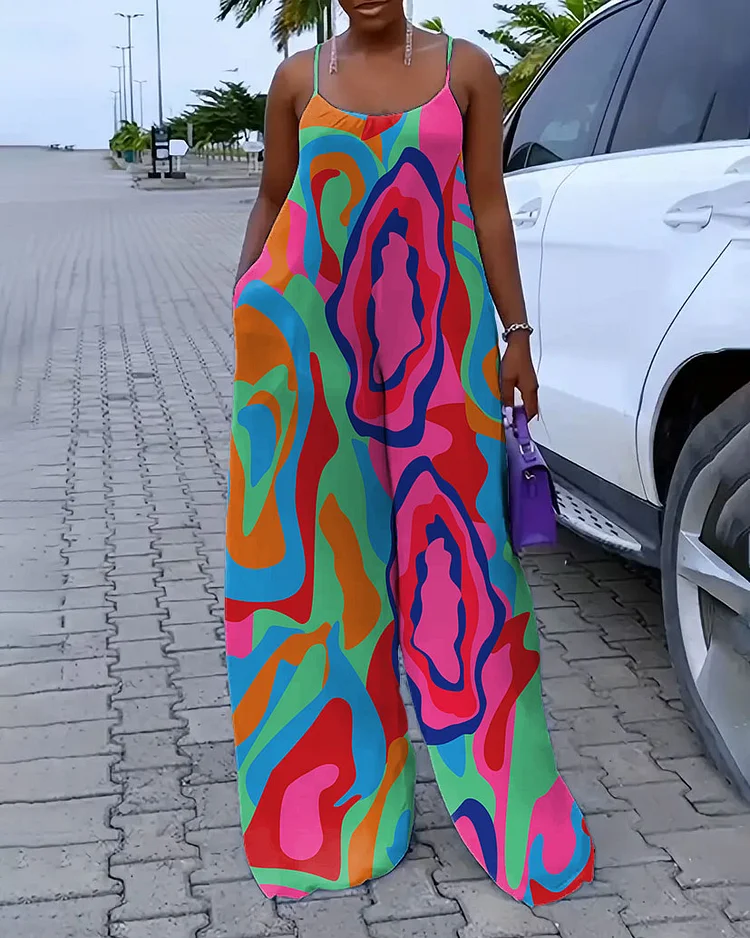 Sling Colorful Waves Print Casual Jumpsuit