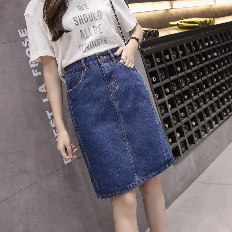 Zoki Korean loose women denim midi skirt summer A-line blue female jeans vintage casual harajuku cotton skirt plus size 5XL 2021