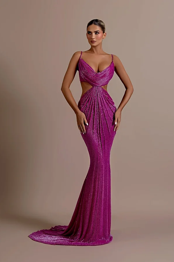 Daisda Sexy Fuchsia Sleeveless Spaghetti Straps Sequins Mermaid Prom Dress