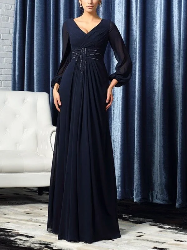 V-Neck Solid Color Long-Sleeved Chiffon Maxi Dress