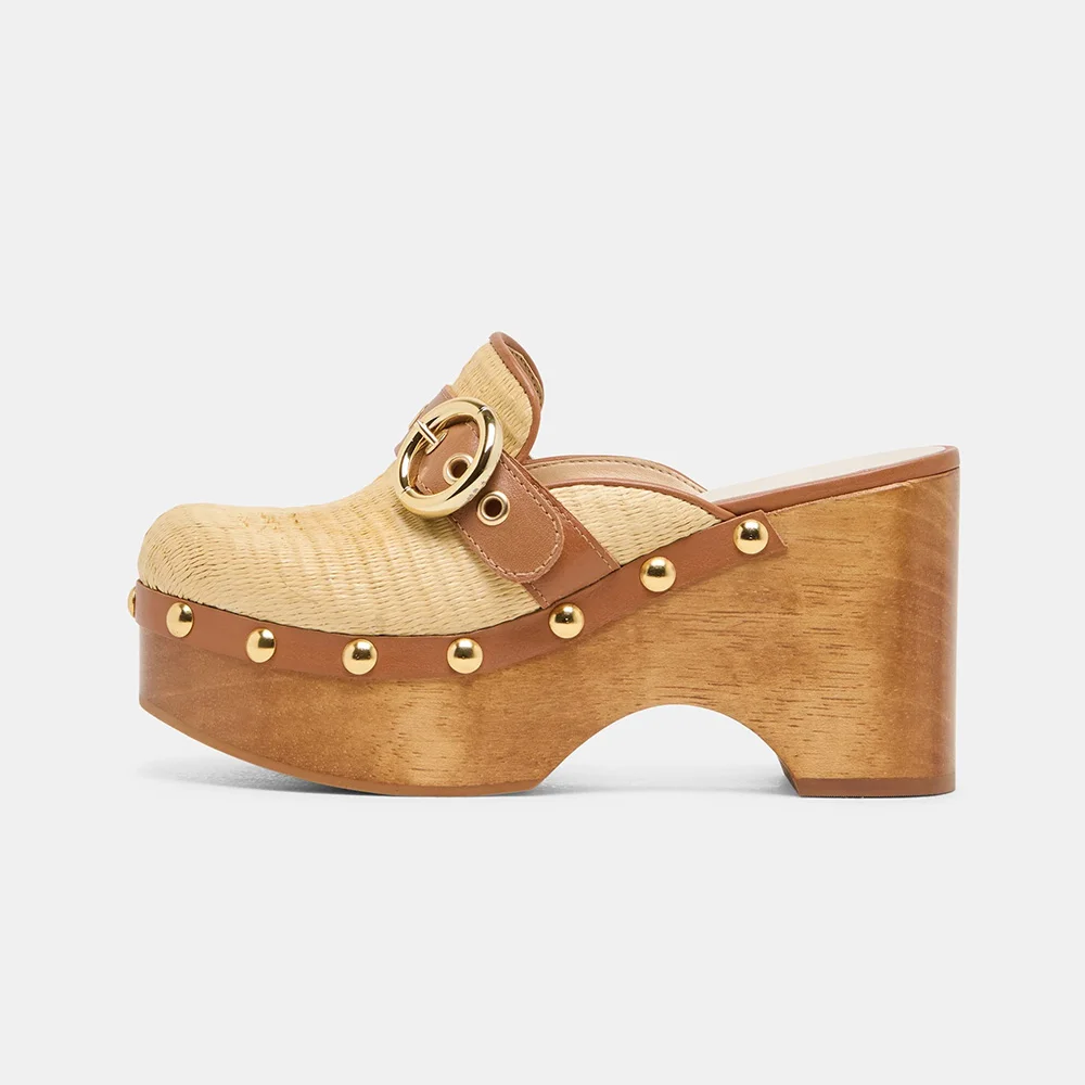 Beige Round Toe Studded Chunky Heel Buckle Strap Platform Mules