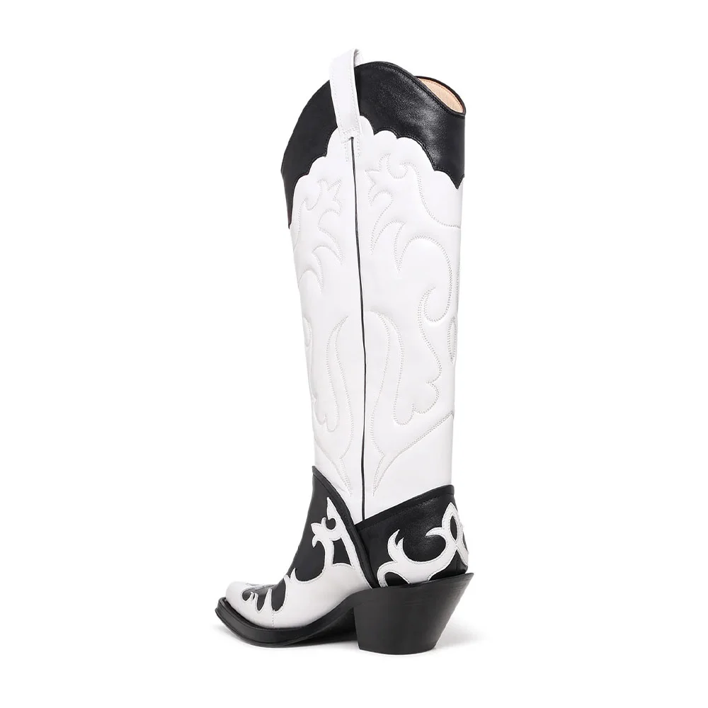 Black & White Chunky Heel Pull On Stitching Women's Western Boots