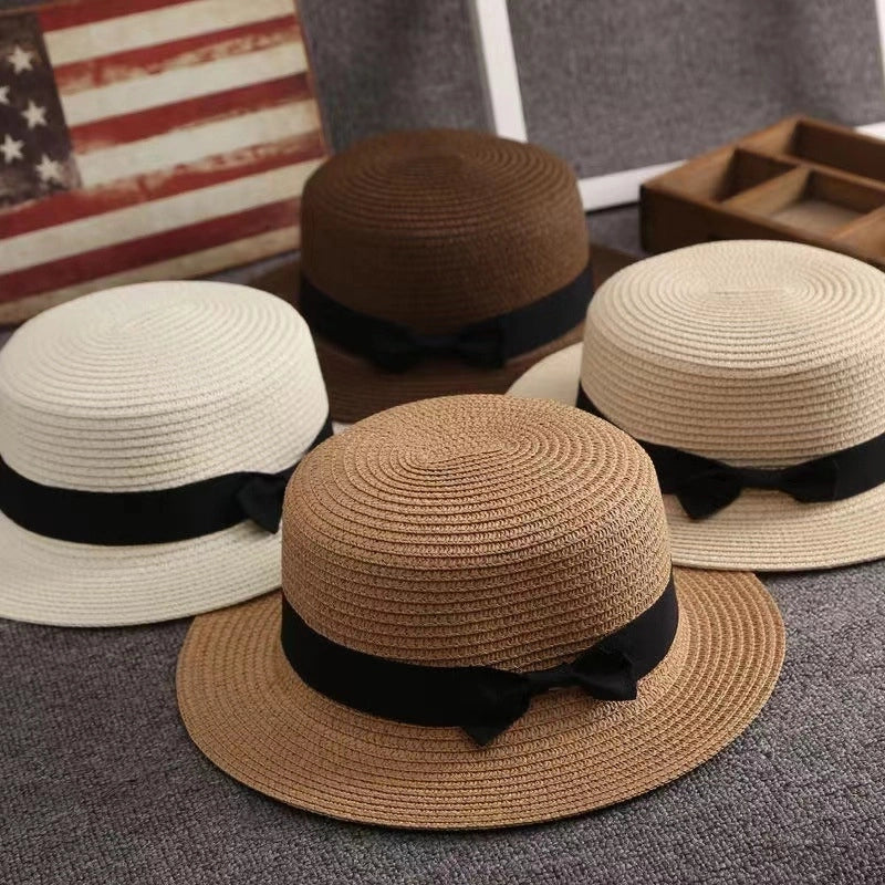 Straw Hat Summer Travel Bow Big Flat Top Hat Sunshade Sun Protection Retro Small Top Hat Beach Hat