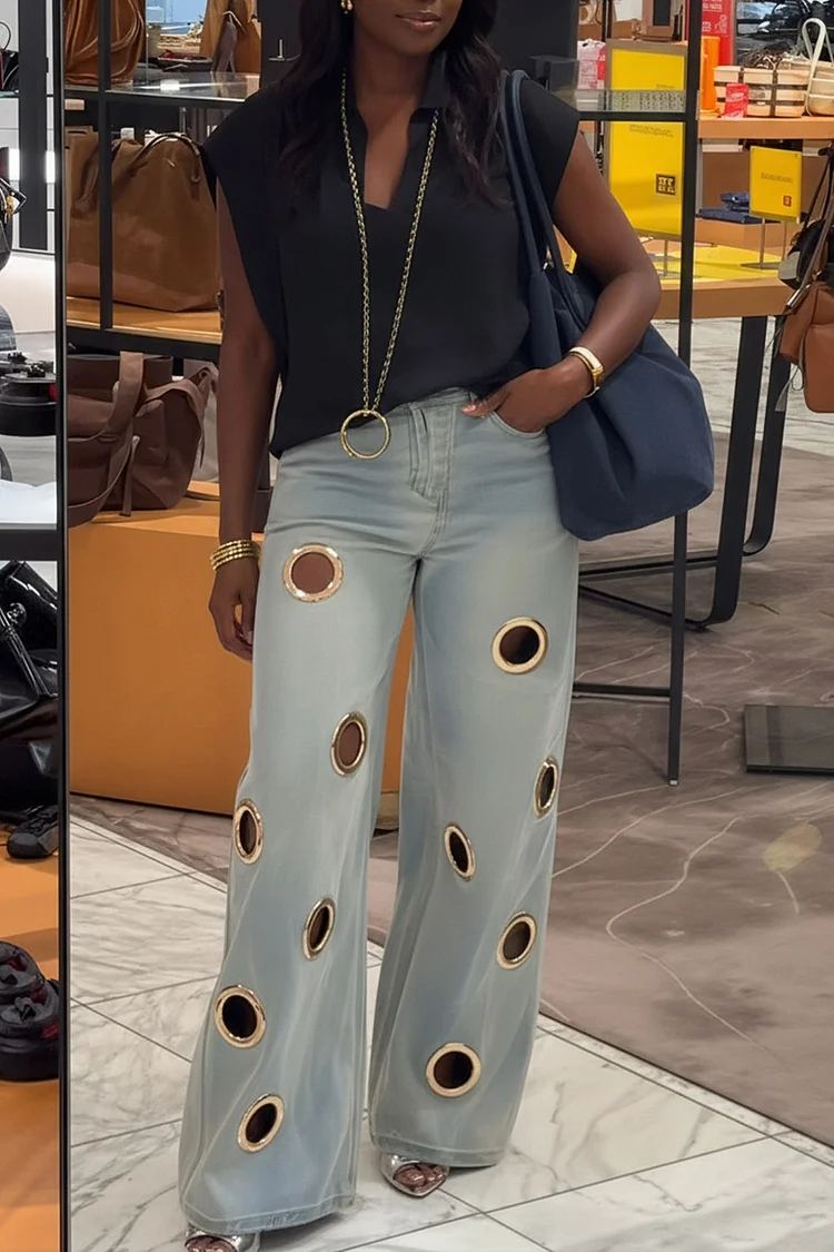Plus Size Business Casual Blue Cut Out Casual Wide Leg Denim Jeans [Pre-Order]