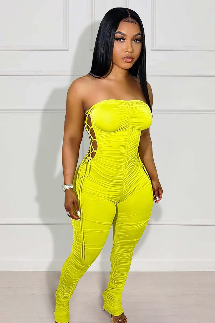 Strapless Side Cutout Lace Up Solid Color Ruched Slim Fit Jumpsuit-Yellow