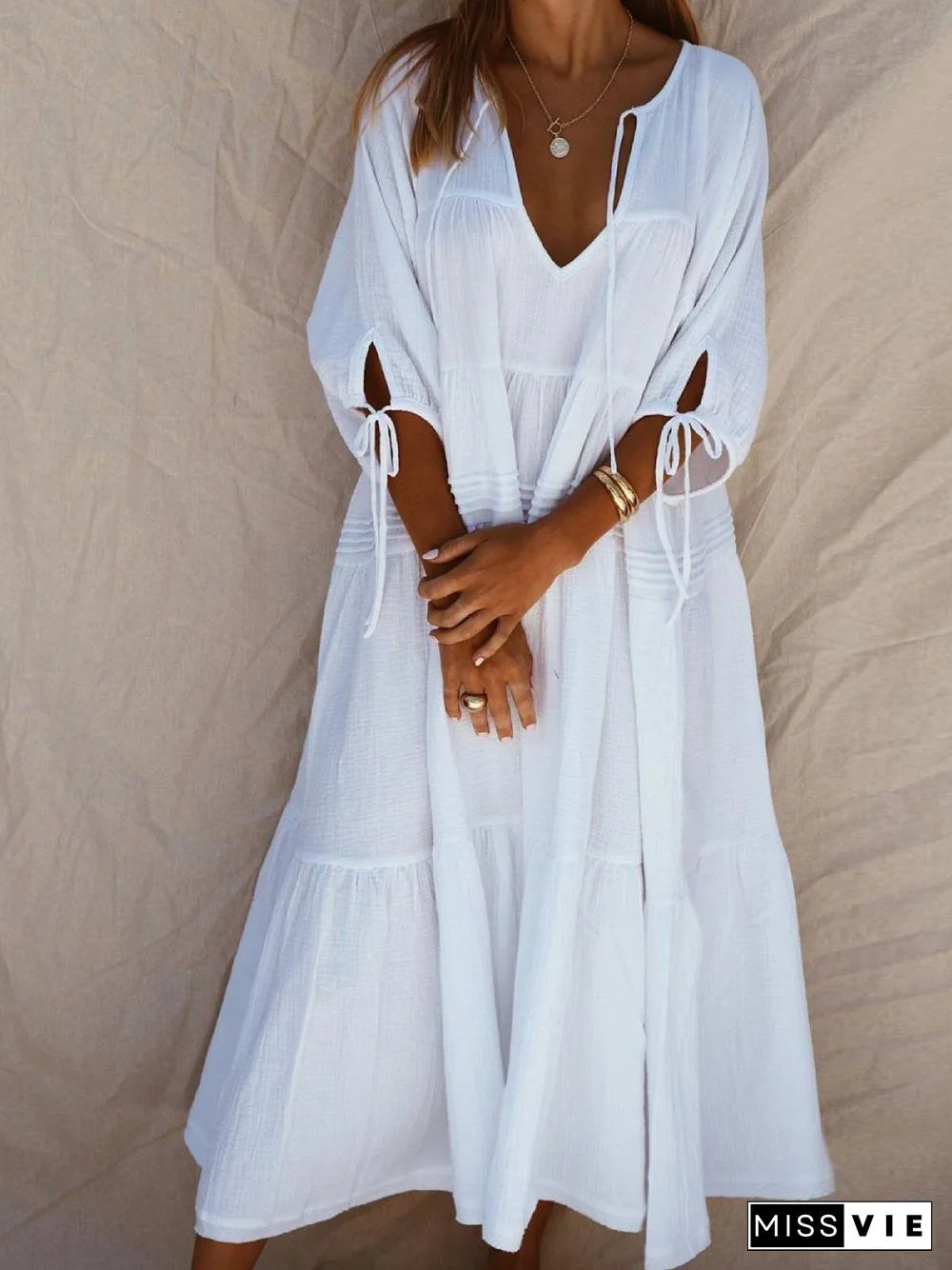 White Cotton-Blend Casual Weaving Dress