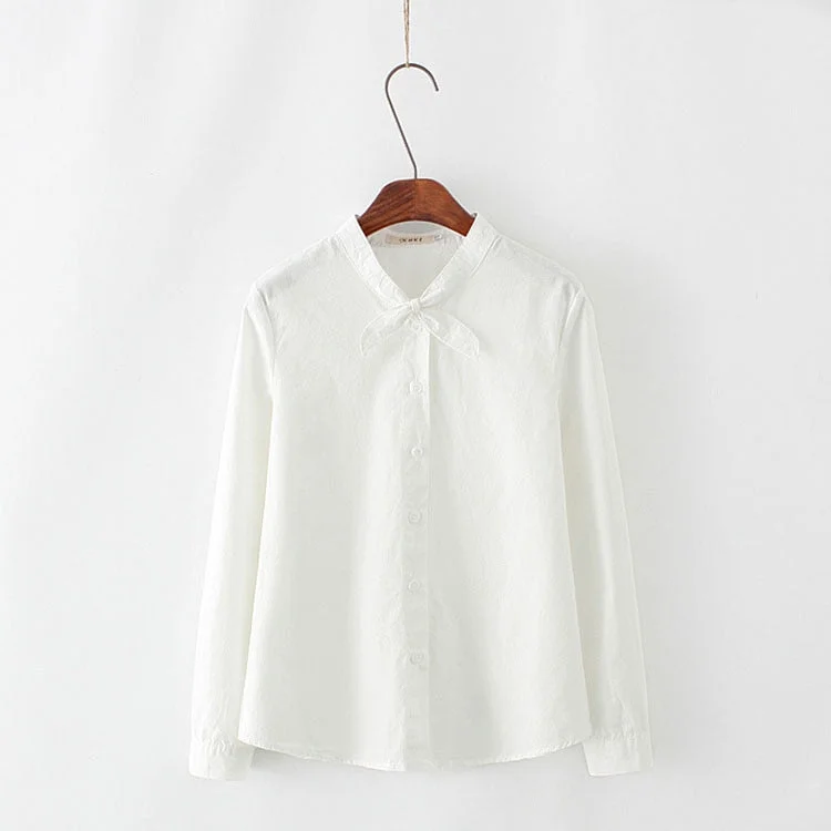Spring Autumn Women Tops Bow Cute Ladies Blouses Casual Long Sleeve Shirt Cotton Preppy Style Blouse Solid Camisa Feminina