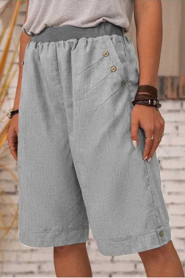 Plus Size Casual Grey Cotton And Linen Pocket Decorative Button Capris Pants  Flycurvy [product_label]