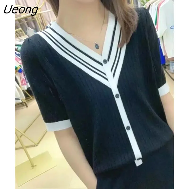 Ueong Up T Shirt 2022 Summer Thin Striped Tshirt Women Knitted Tops Laidies Short Sleeve Tees Loose Casual Clothing Camisetas