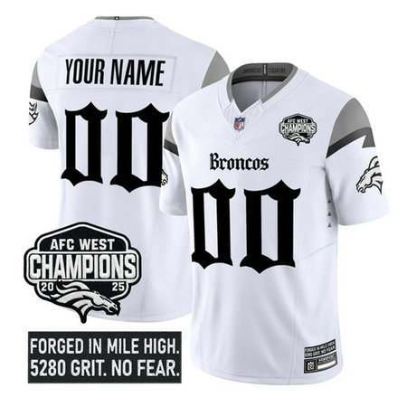 Youth Denver Broncos White F.U.S.E 2025 Afc West Champions Patch "Gothic Mile High Shadows Edition" Vapor Limited Stitched Football Custom Jersey