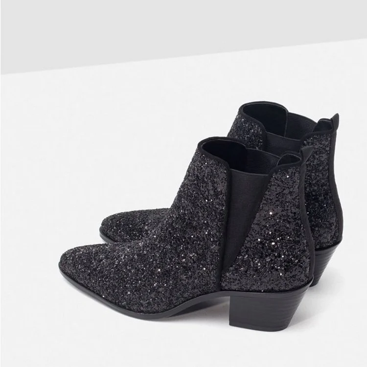 Black Glitter Chelsea Boots with Pointy Toe and Block Heel Vdcoo