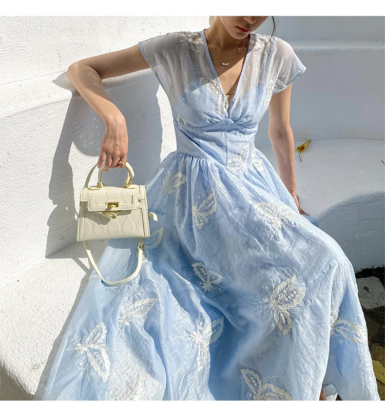Woherb French Dress Women's Design Embroidered Holiday Dress Fairy Fame Wind South Oil Women's New European Goods