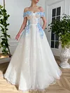 White Ethereal Bluebell 3D Flower Ball Gown Off The Shoulder A Line Princess Prom Dress Organza Tulle Floor Length Formal Corset Bodice