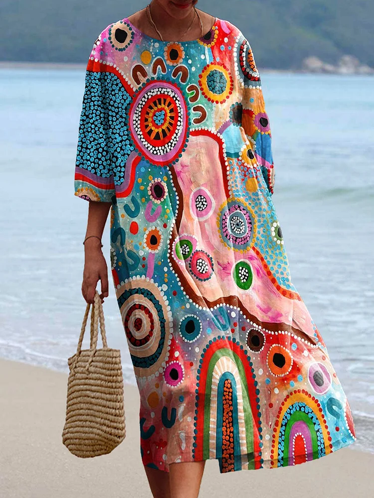 Women's Vintage Abstract Geometric Color Blocks Flowers Art Print Flowy Cotton Crew Neck Dress