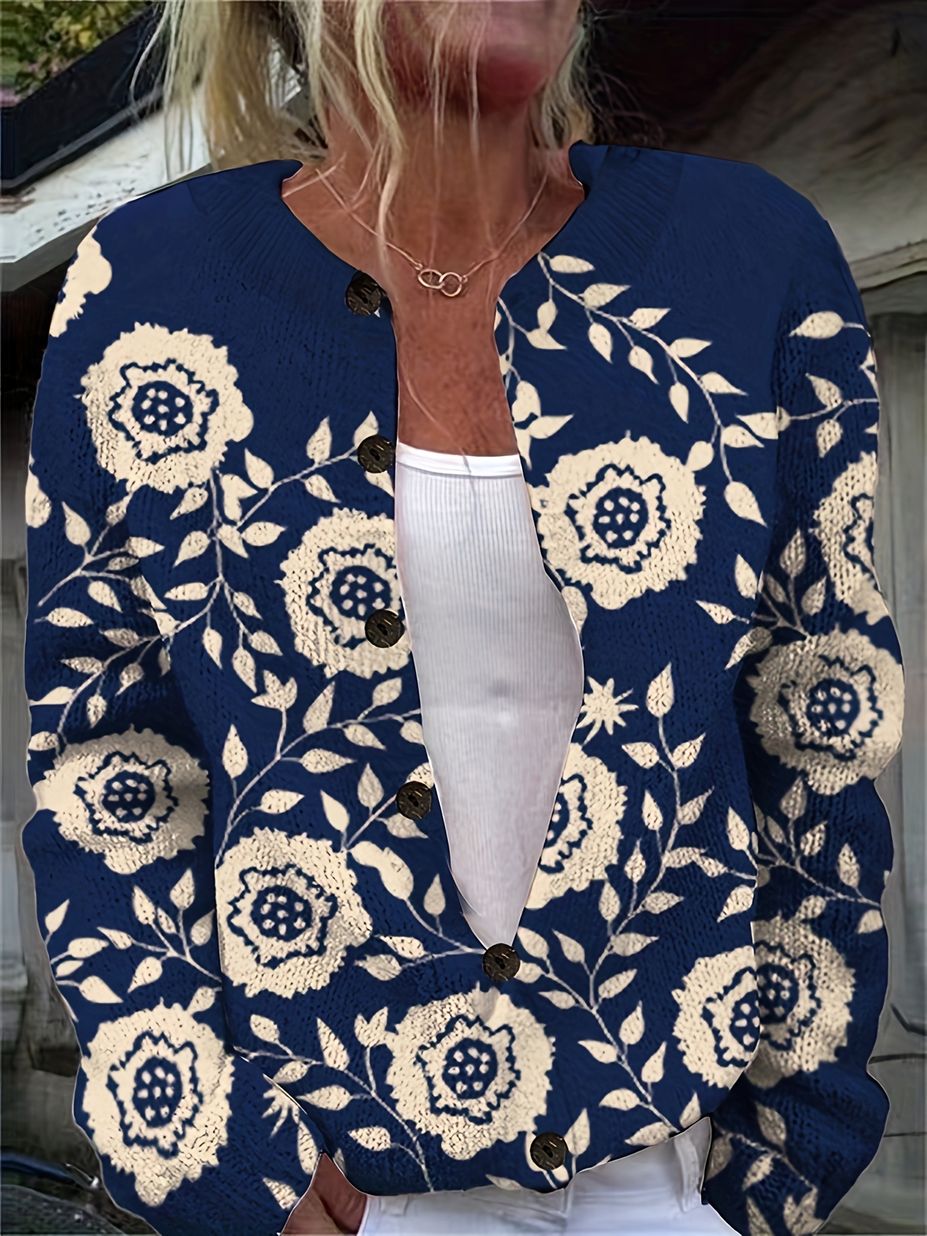 Womens Elegant Floral Print Cardigan Navy Blue White Blossom Design Open Front Button | IFYHOME